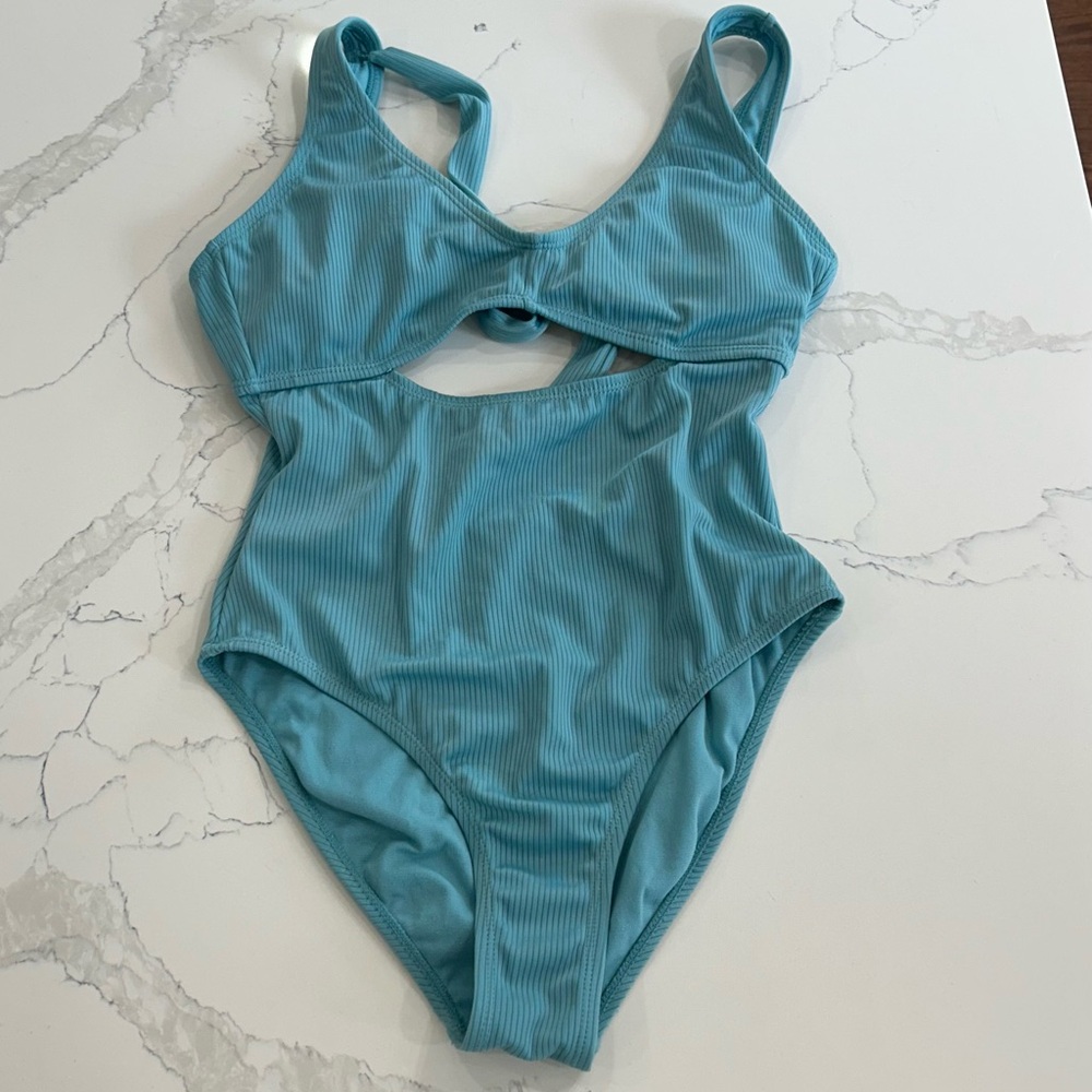 Blue Classic One Piece Swimsuit with Ribbed Finish